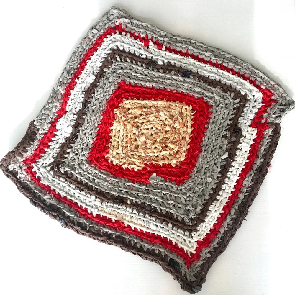 Handmade crocheted rag rug kitchen bedroom bathroom mat 21” swirly edges square